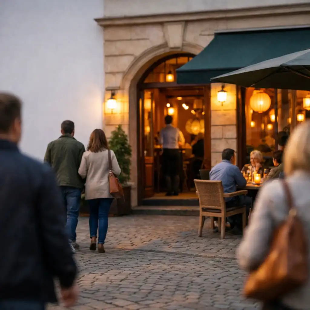 Příchozí hosté u teplého vstupu současné restaurace na olomouckém náměstí