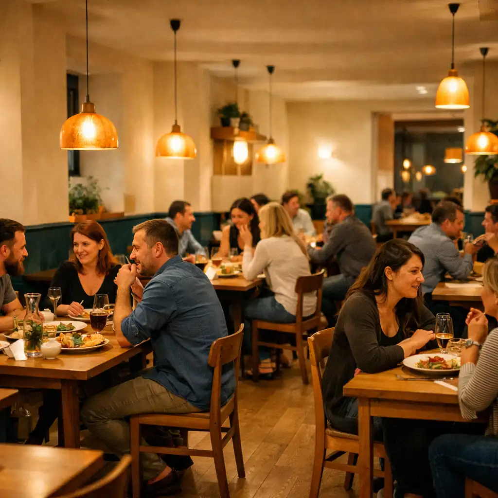 Teplý interiér restaurace s několika skupinami přátel u stolů