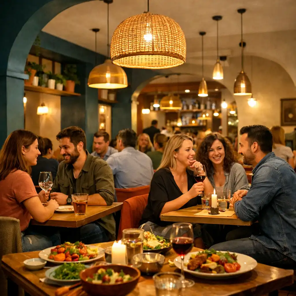 Teplý interiér restaurace s hosty u otevřených stolů