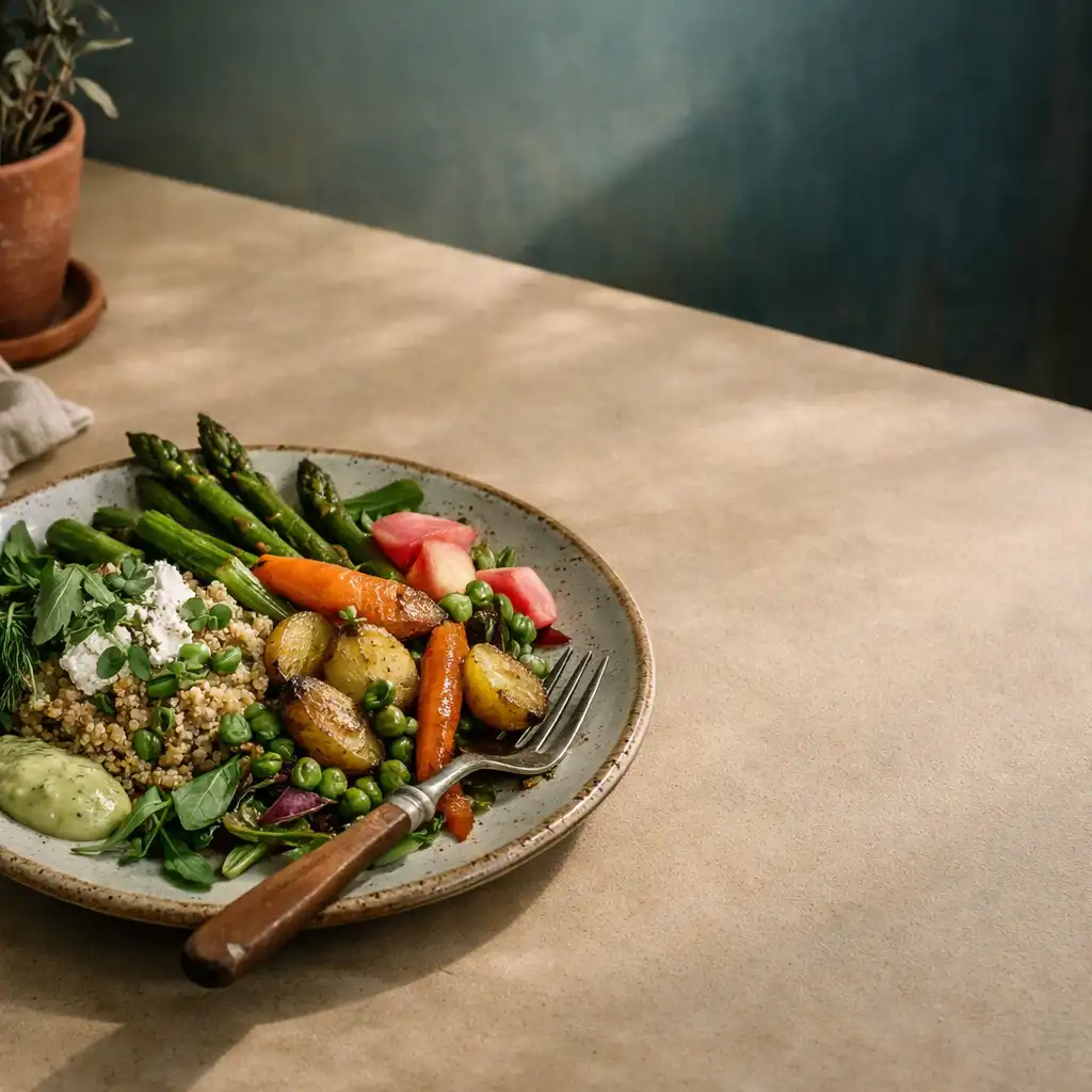 Sezónně laděný vegetariánský talíř s výraznou texturou a keramikou