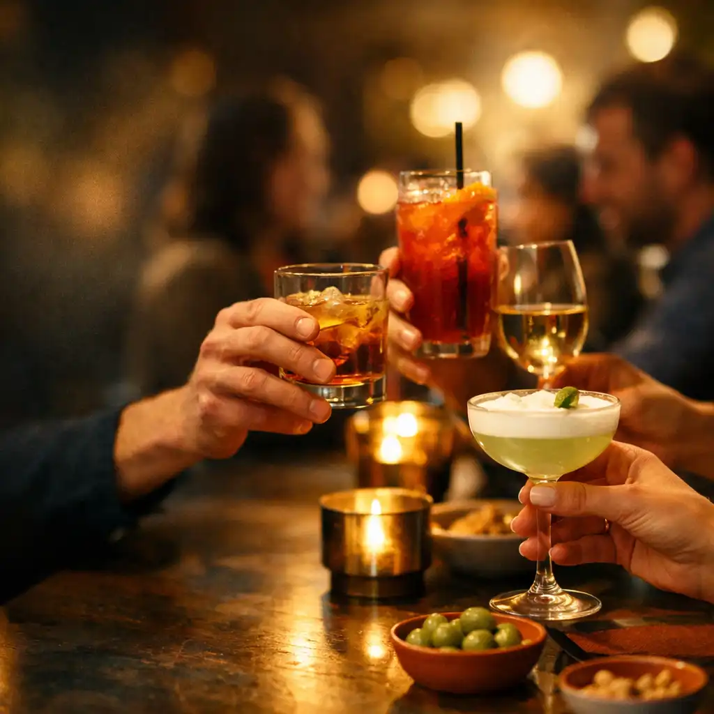 Hosté při večerním přípitku se sklenicemi v teplém světle restaurace